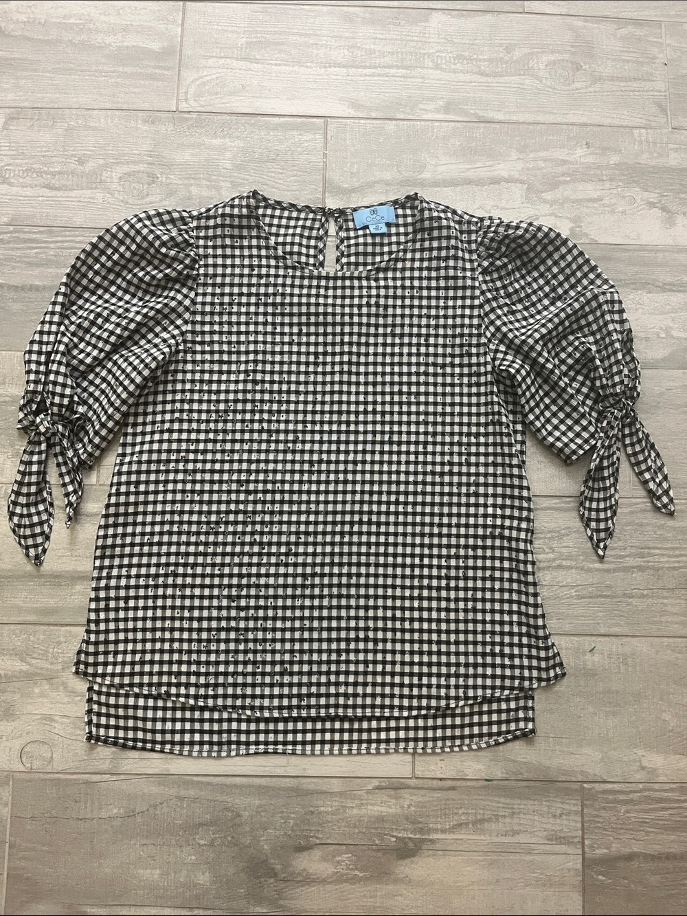 CeCe Black and White Gingham Tie-Sleeve Blouse